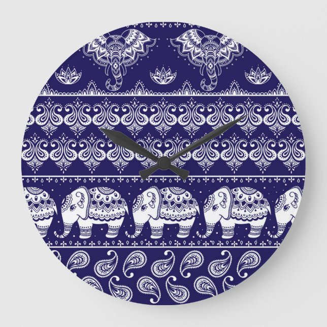 Elephant, paisley: tribal vintage pattern. large clock (Front)