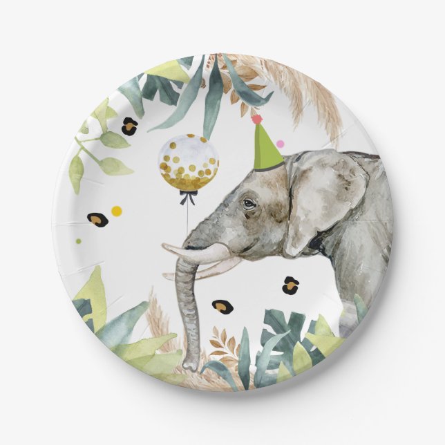 Elephant Party Animals Birthday Zoo Safari Paper Plate (Front)