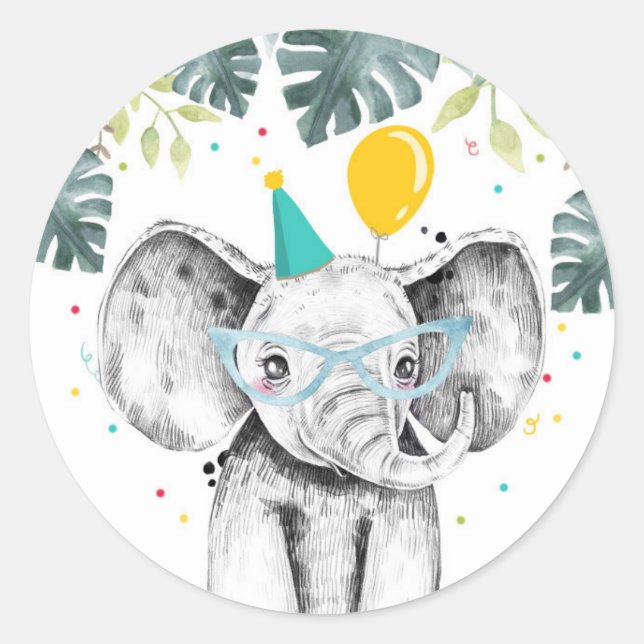 Elephant Party Animals Safari Boy Birthday Cupcake Classic Round Sticker (Front)