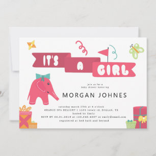 Elephant Party Girl   Baby Shower Invitation