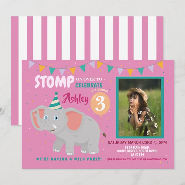 Elephant Party Kids Birthday Photo Pink Invitation (Front/Back)