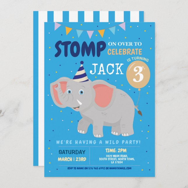 Elephant Party Kids Birthday Wild Fun Invitation (Front/Back)