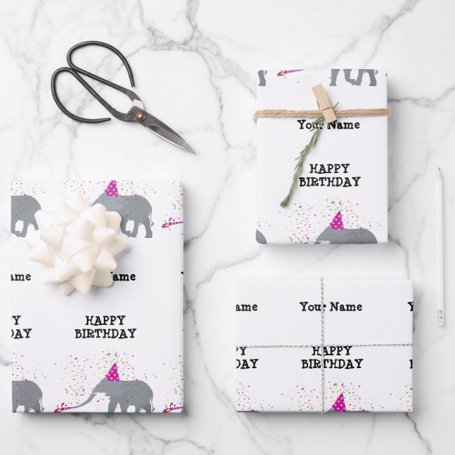 Elephant Partying - Animals at Birthday Party Name Wrapping Paper Sheet (Front)