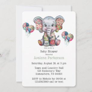 Elephant Patchwork Chic Girl or Boy Baby Shower Invitation