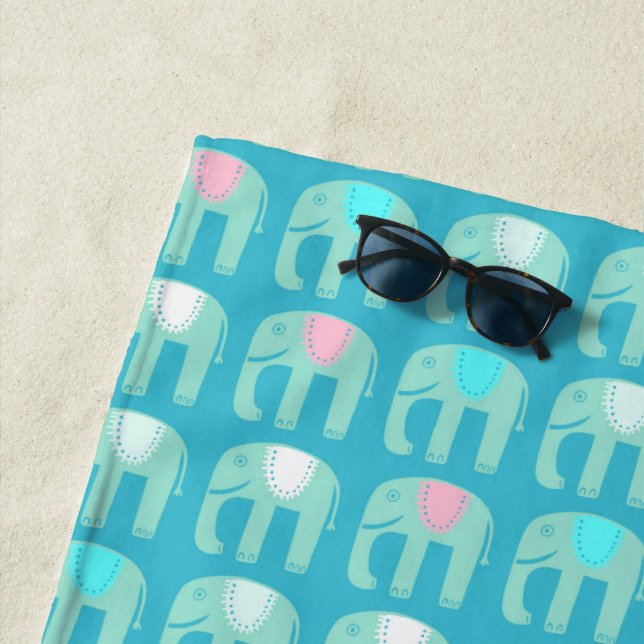 Elephant Pattern Aqua Beach Towel (In Situ)