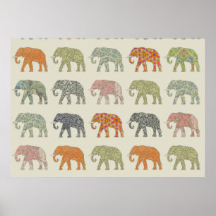elephant pattern colourful animals poster