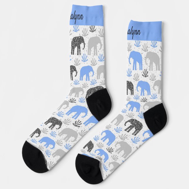 Elephant pattern grey blue glittery with name socks (Left)