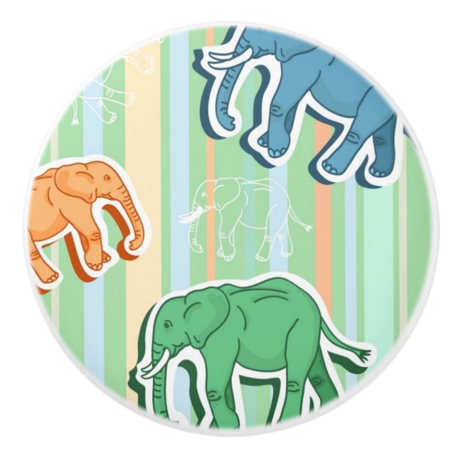 Elephant Pattern On Green Stripes Ceramic Knob (Front)