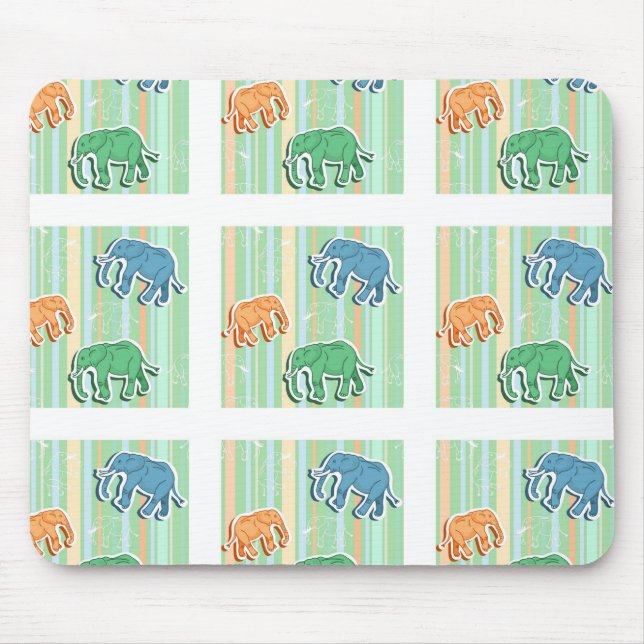 Elephant Pattern On Green Stripes Mouse Mat (Front)