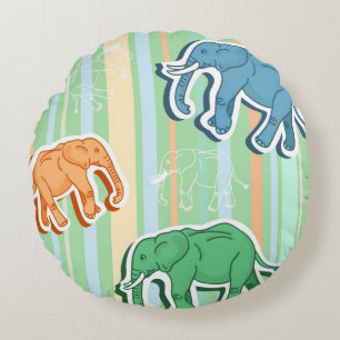 Elephant Pattern On Green Stripes Round Cushion
