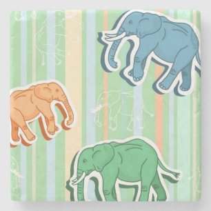 Elephant Pattern On Green Stripes Stone Coaster