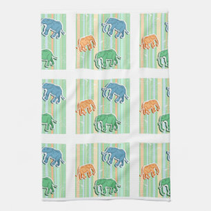 Elephant Pattern On Green Stripes Tea Towel