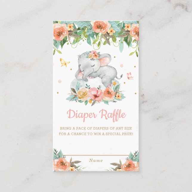 Elephant Peach Floral Baby Shower Diaper Raffle Enclosure Card (Front)