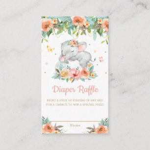 Elephant Peach Floral Baby Shower Diaper Raffle Enclosure Card