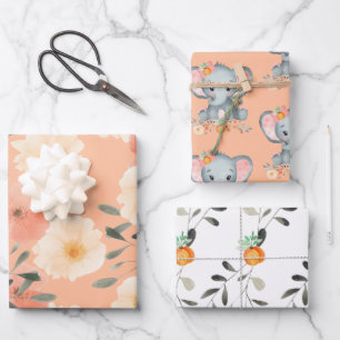 Elephant Peach Fuzz Baby Shower Cute Girly Floral Wrapping Paper Sheet