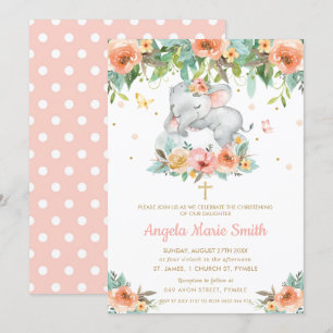 Elephant Peach Pink Floral Baptism Christening Invitation