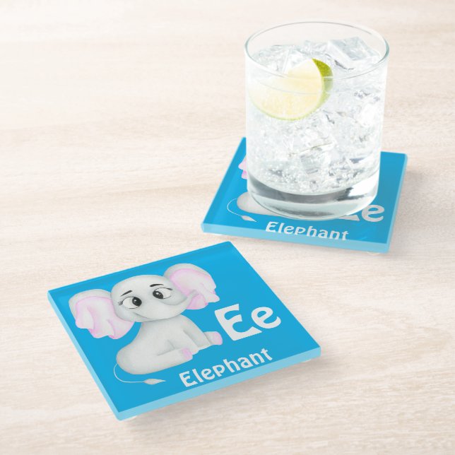 Elephant personalise ABC: Letter E - Add Your Name Glass Coaster (Angled)