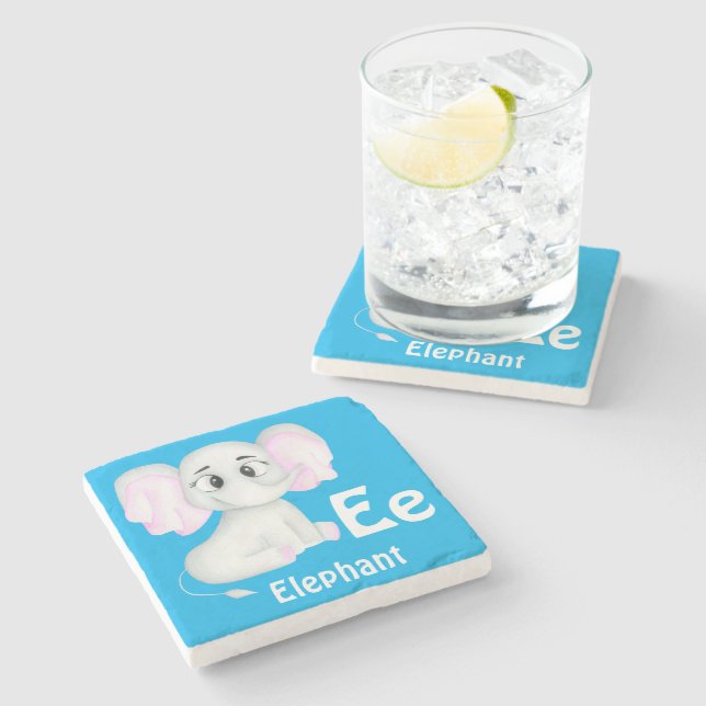 Elephant personalise ABC: Letter E - Add Your Name Stone Coaster (Side)