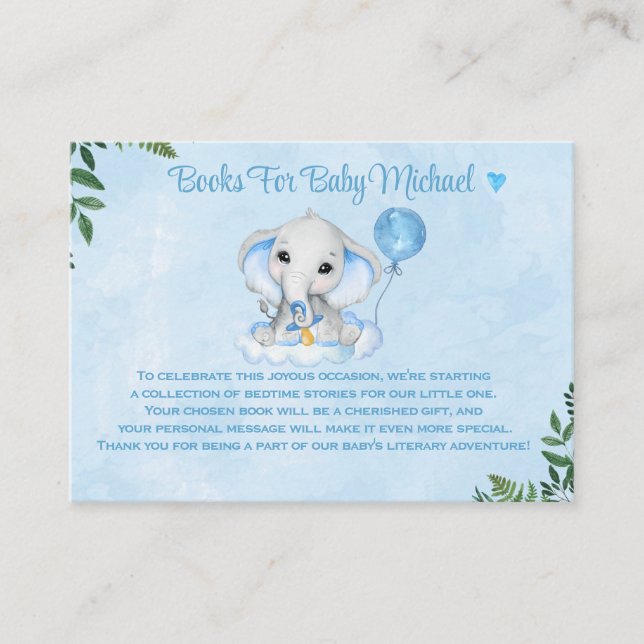 Elephant Personalised  Boys Books For Baby Shower  Enclosure Card (Front)