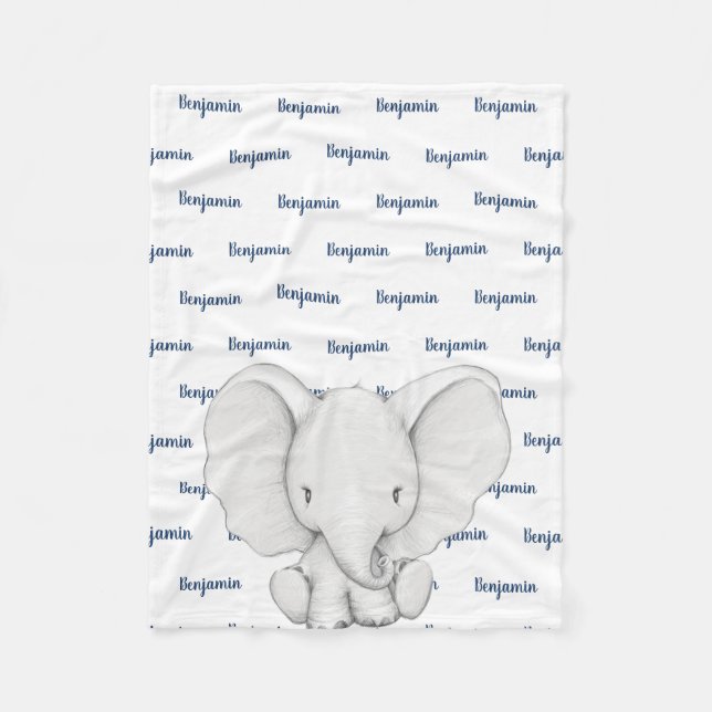 Elephant Personalised Navy Blue Name Boy Fleece Blanket (Front)