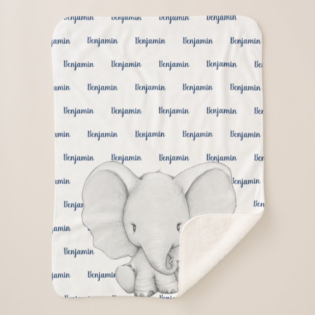 Elephant Personalised Navy Blue Name Boy Sherpa Blanket (Front)