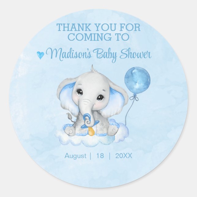 Elephant Personalised Thank You Baby Shower  Classic Round Sticker (Front)