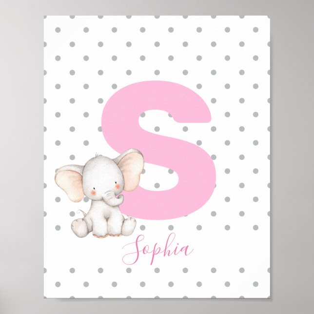 Elephant Personalized Name Nursery Girl Baby Poster (Front)