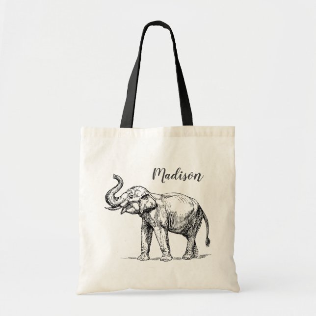 Elephant Personalized Tote Bag. Grey Elephant Bag (Front)