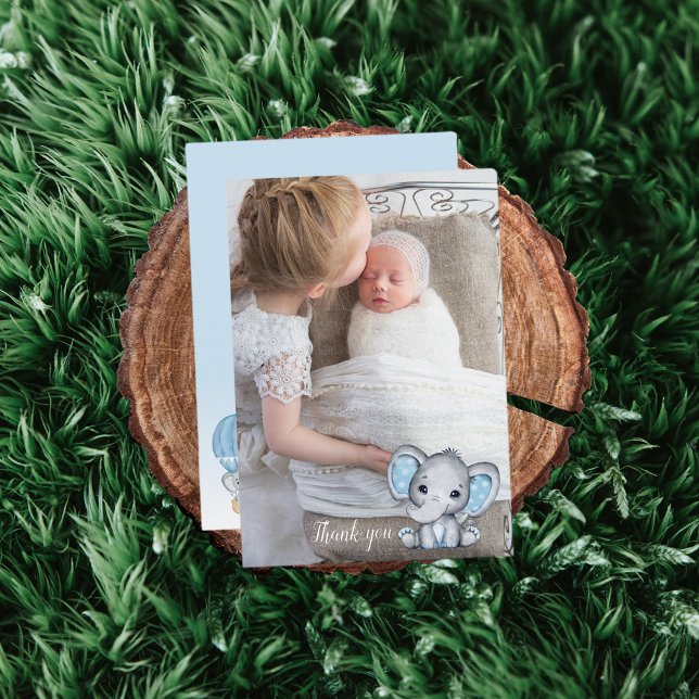 Elephant Photo Balloon Baby Boy Shower Thank You Card (Creator Uploaded)