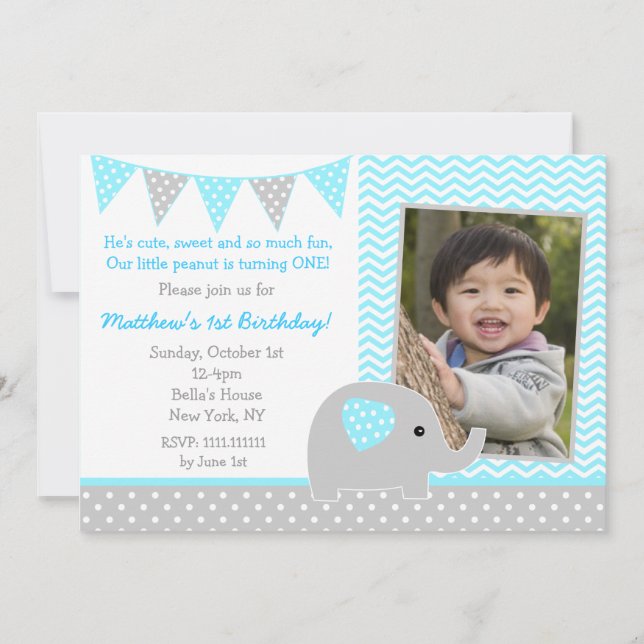 Elephant Photo Birthday Party Invitations for Boy (Front)
