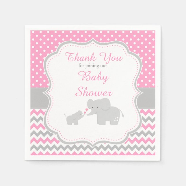 Elephant Pink and Grey Baby Shower Party Napkin (Front)