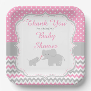 Elephant Pink and Grey Baby Shower Party Paper Plate
