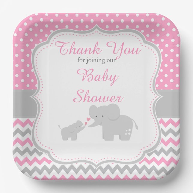 Elephant Pink and Grey Baby Shower Party Paper Plate (Front)