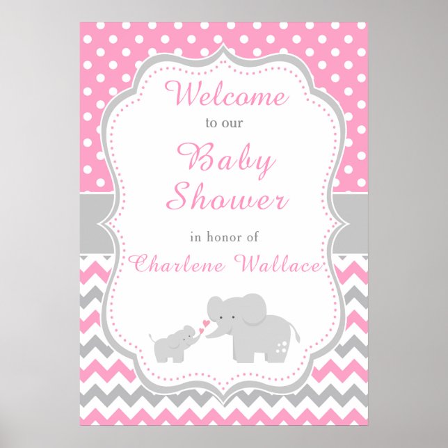 Elephant Pink and Grey Baby Shower Poster (Front)