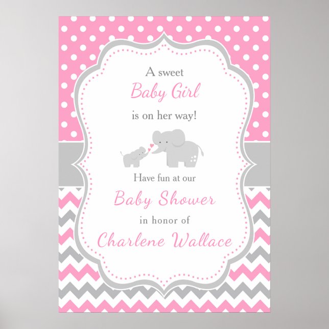 Elephant Pink and Grey Baby Shower Poster (Front)