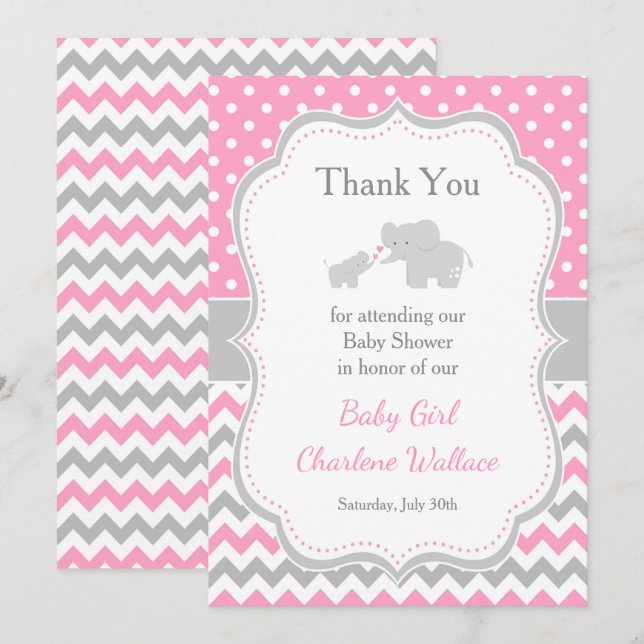 Elephant Pink and Grey Baby Shower Thank You Card (Front/Back)