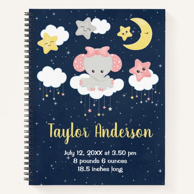 Elephant Pink and Navy Baby Birth Statistics Notebook (Front)