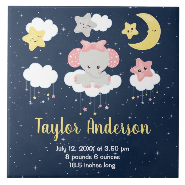 Elephant Pink and Navy Baby Birth Statistics Tile (Front)