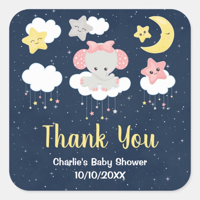 Elephant Pink and Navy Baby Shower Thank You Square Sticker (Front)