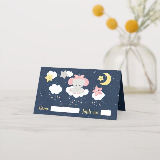 Elephant Pink and Navy Birthday Party Seating Place Card (Front)