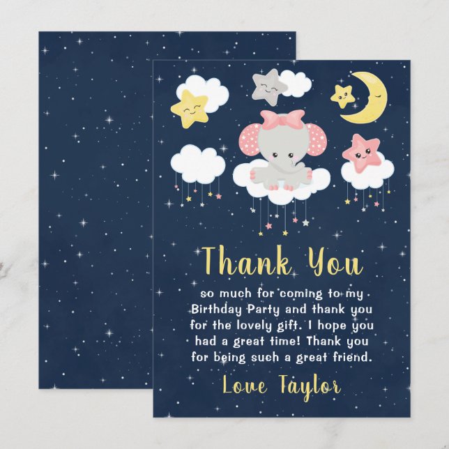 Elephant Pink and Navy Birthday Party Thank You Card (Front/Back)