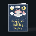 Elephant Pink and Navy Happy Birthday Card<br><div class="desc">This cute and whimsical birthday card can be personalised with a name or title, such as daughter, granddaughter, niece, friend etc. It features an adorable baby elephant in a pink bow sitting on a cloud with falling stars. In the background is a starry night sky and crescent moon. The text...</div>