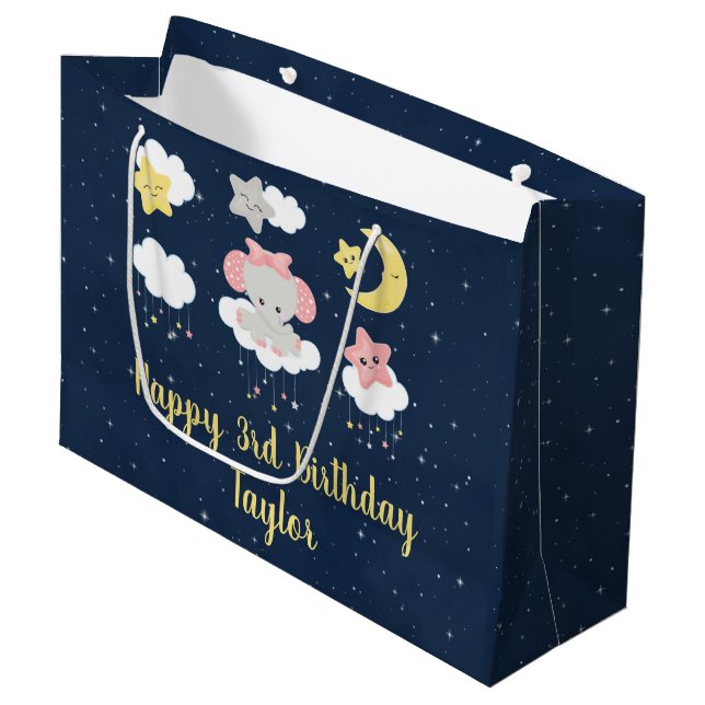 Elephant Pink and Navy Happy Birthday Large Gift Bag (Front Angled)
