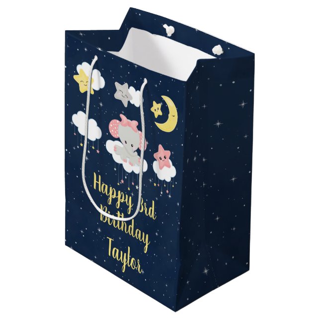 Elephant Pink and Navy Happy Birthday Medium Gift Bag (Front Angled)