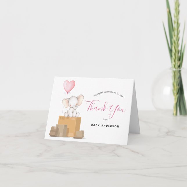 Elephant Pink Baby Shower by Mail Thank You Note Card (Front)