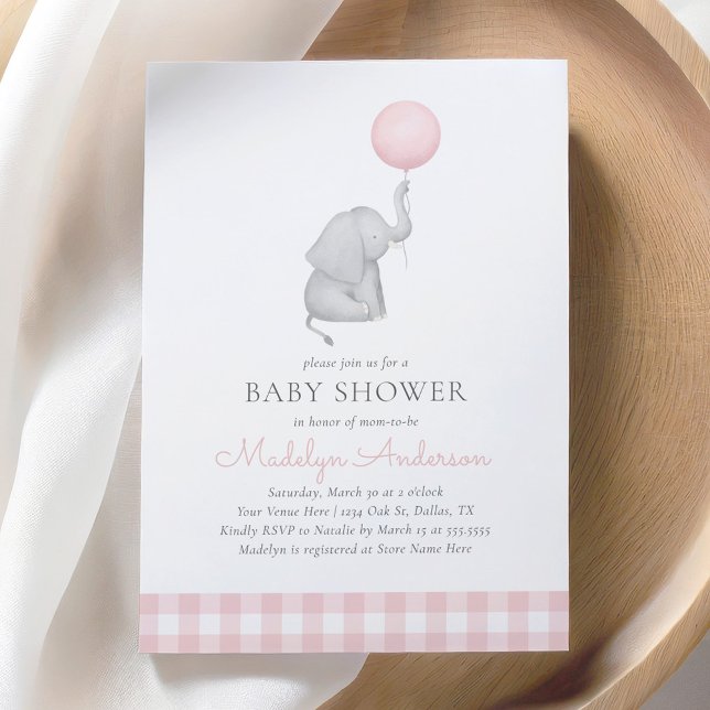 Elephant Pink Balloon Girl Baby Shower Invitation (Creator Uploaded)