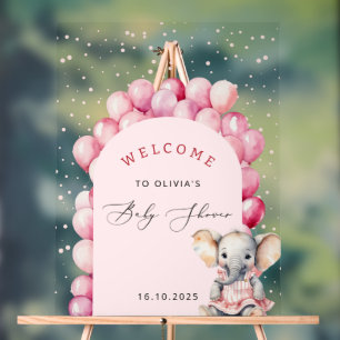 Elephant Pink Balloon Girl Baby Shower Welcome Acrylic Sign