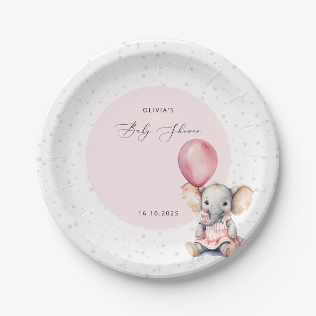 Elephant Pink Balloon Girl Baby Shower Welcome Paper Plate (Front)
