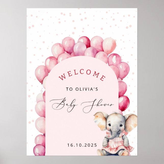 Elephant Pink Balloon Girl Baby Shower Welcome Poster (Front)