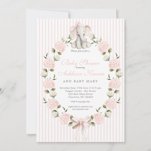 Elephant pink bow Girl Baby Shower Invitation (Front)